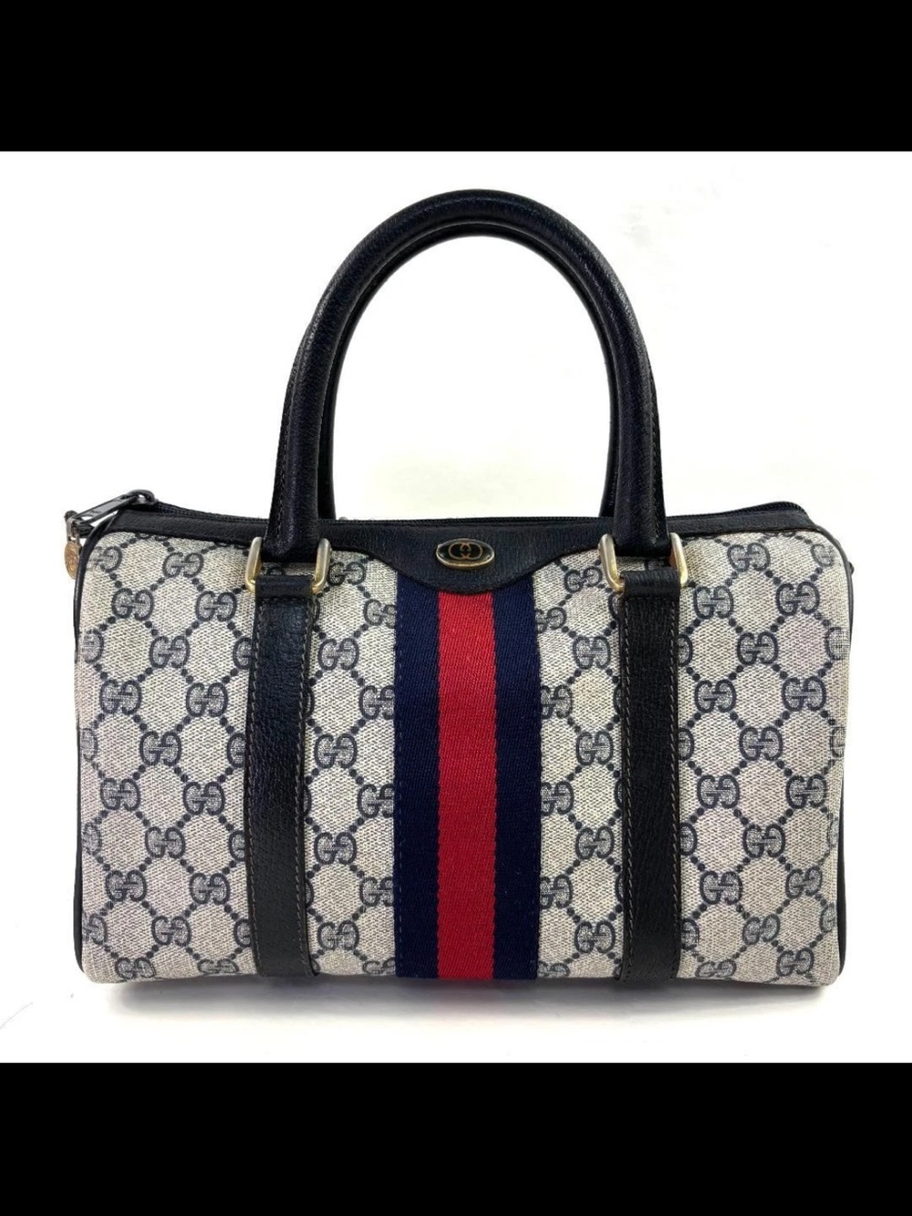 Gucci Beige GG Canvas Satchel with Navy and Red Web Stripe
